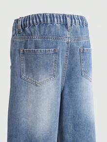 Explorewe SHEIN KIDS Tween Girls Jeans,  Gifts For 11 Year Old Girls,New Arrival For Fall/Winter 2025, American Vintage Fashion Star Embroidery Design, Children's Relaxed Fit Straight Leg Loose Jeans, Suitable For Outings, School, Commute, Parties, Christmas Celebrations And Home Wear Star Jeans Jeans With Design Embroidery Jeans Baggy Star Jeans Tween Jean Pants Star Embroidered Jeans - Blue - View 4