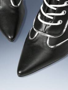 CUCCOO GRLICON 女式尖头系带黑白拼色及膝靴，适合圣诞节、新年派对、约会之夜、春季休闲、万圣节、赛车风格