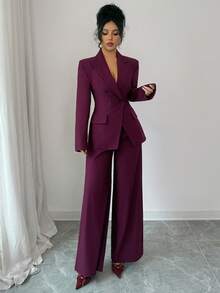 Siren Gaze 三件套时尚商务双排扣西装外套和裤子套装，女士西装裤套装，适合婚礼等正式场合，两件套女士裤装，圣诞红色女士浆果色三件套套装，休闲女装，适合通勤、复古和正式场合，例如商务休闲、工作和教学。 - 酒紅色 - 查看 8