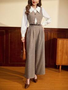 Vintamour 大码复古优雅女士两件套西装，带口袋和腰带，复古优雅背心外套上衣和裤子，休闲工作装，节日服装，女士冬季服装，女士冬季服装，圣诞节服装，女士圣诞节套装，圣诞节女士服装，新年服装，新年套装，新年女士服装，女士感恩节套装，优雅女士套装 - 棕色 - 查看 5