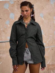 COUREZ 长袖修身格子衬衫 / 女士 Y2K 复古外出上衣 优雅外出装 - 黑色 - 查看 6