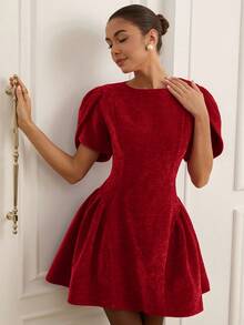 EMERY ROSE Tulip 3D Short Sleeve Round Neck Hem Split Puff Skirt Mini Princess Dress For Women - Burgundy - View 6