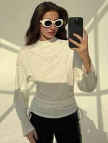 Aloruh 女士秋冬新款圆领宽松大码落肩舒适长袖抽绳下摆修身打底T恤 - 米色 - 查看 4