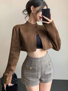 DAZY 女士休闲宽松麂皮仿皮夹克，短款，时尚街头风，秋冬Y2K风格 - 棕色 - 查看 2