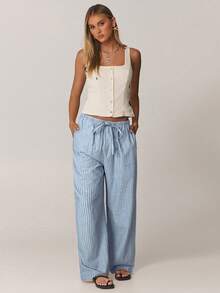 SHEIN Forever 21 女式松紧腰抽绳条纹休闲沙滩裤，夏季 - 藍色 - 查看 5