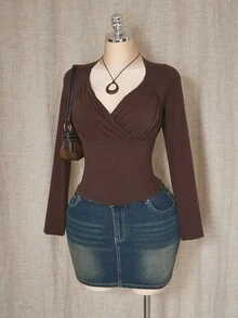 SHEIN ICON 女式加大码秋冬植物系列甜心领褶饰棕色长袖 T 恤 - 棕色 - 查看 9