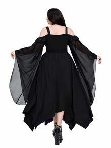 Whyspr Váy dài thắt eo họa tiết chắp vá màu tương phản phong cách Gothic cỡ lớn dành cho nữ - Màu tím hoa cà - Xem 2