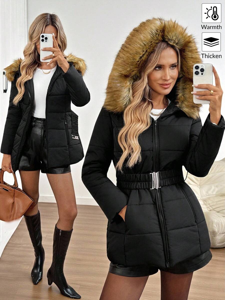 Easowa 黑色羽绒服，带毛领、帽子、腰部收紧、拉链、长袖和口袋，适合严冬作为外套穿着，圣诞节服装，冬季女装，女士外套。 - 黑色 - 查看 1