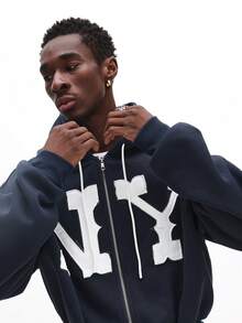 SUMWON 拉链连帽衫，纽约贴花细节，适合冬季休闲街头服饰 - 藏蓝色 - 查看 6