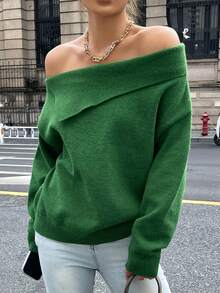 DAZY Women's Casual Loose Off-Shoulder Long Sleeve Green Sweater, Autumn/Winter - Green - View 4