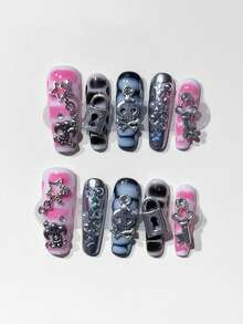 ROMWE Anime 10张Y2K可爱爱心、星星、蝴蝶结、翅膀美甲贴纸，带胶带 - 粉色 - 查看 2