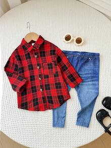 SHEIN 2pcs Baby Girl Cute Red Plaid Shirt And Pants Set, Suitable For Autumn And Winter - Multicolor - View 4