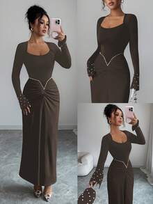 Elenzga 秋冬新款优雅淑女珍珠装饰腰部褶饰修身精致优雅高端黑白撞色设计连衣裙，适合生日派对、宴会、约会 - 棕色 - 查看 1