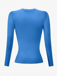 Almamuse Áo thun cổ tròn tay dài ôm vừa vặn màu xanh dương nhiều màu cỡ lớn dành cho nữ - Xanh đậm - Xem 2