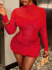 SHEIN BamGlam 女式时尚性感纯色透明毛绒拼接连衣裙 - 紅色 - 查看 6