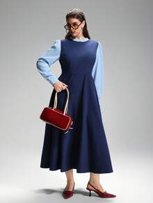 LYSMO Plus Size 2 In 1 Contrast Color A-Line Long Casual Dress Dress Modest Blue Elegant Dress Women - Blue - View 7