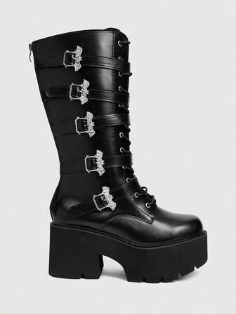 Grunge Punk Stivali alti da donna stile punk con suola spessa e platform, stivali alti neri da cavaliere con decorazione in metallo a forma di pipistrello, comodi stivali alti da cavaliere, adatti per Ognissanti