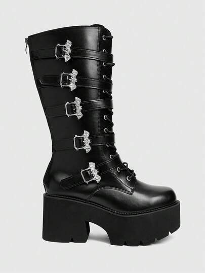 Grunge Punk Women's Punk Style Thick Sole Platform Knee High Boots, Black Gothic Metal Bat Buckle Decor, Comfortable Knee-High Knight Boots, Halloween