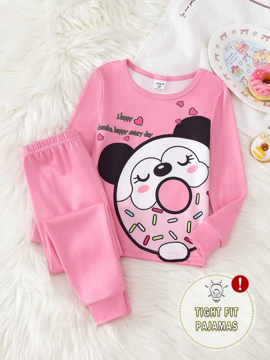 少女可爱甜甜圈印花粉色长袖和裤子睡衣套装 - 粉色 - 查看 1