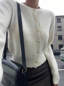 DAZY Áo khoác len cardigan màu trơn trang trí sequin lấp lánh, phong cách thanh lịch thường ngày khi đi làm dành cho nữ, mùa thu/đông, Giáng sinh - Màu be - Xem 8