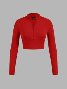 SHEIN EZwear 3pcs Women Zip-Up Ribbed Fabric Mock Neck Long Sleeve T-Shirt Set, Suitable For Spring & Autumn