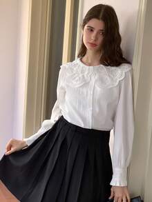 DAZY 少女休闲日常通勤简约百搭纯色宽松衬衫，彼得潘领荷叶袖，春秋季长袖上衣 - 白色 - 查看 2