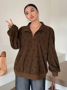 Dazy Plus 大码女式半拉链卫衣，饰有蝴蝶结印花，宽松版型，街头风 - 駝色 - 查看 5