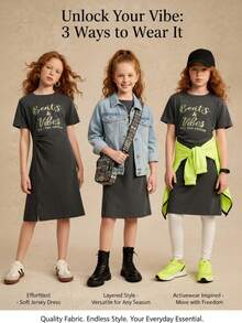 Tween Girls Dresses Spring And Summer Wildeya New Styles, Personalized Split Ruched Design Fluorescent English Letter Print Dark Grey T-Shirt Dress, Fashion Classic Suitable For Outdoor Activities And Daily Social Events - Dark Grey - View 1