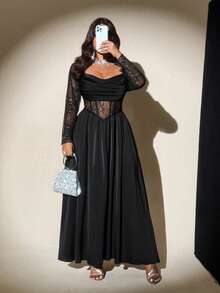 Viva Relle 大码女式垂坠领长袖缎面蕾丝拼布镂空中长款 A 字黑腰连衣裙，优雅复古休闲派对长裙 - 黑色 - 查看 3