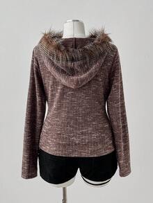 Sunspun Áo nỉ len lông thú giả có mũ trùm đầu cỡ lớn màu nâu, mặc đi chơi ngoài trời, thanh lịch, dự tiệc, thu/đông - màu nâu - Xem 2