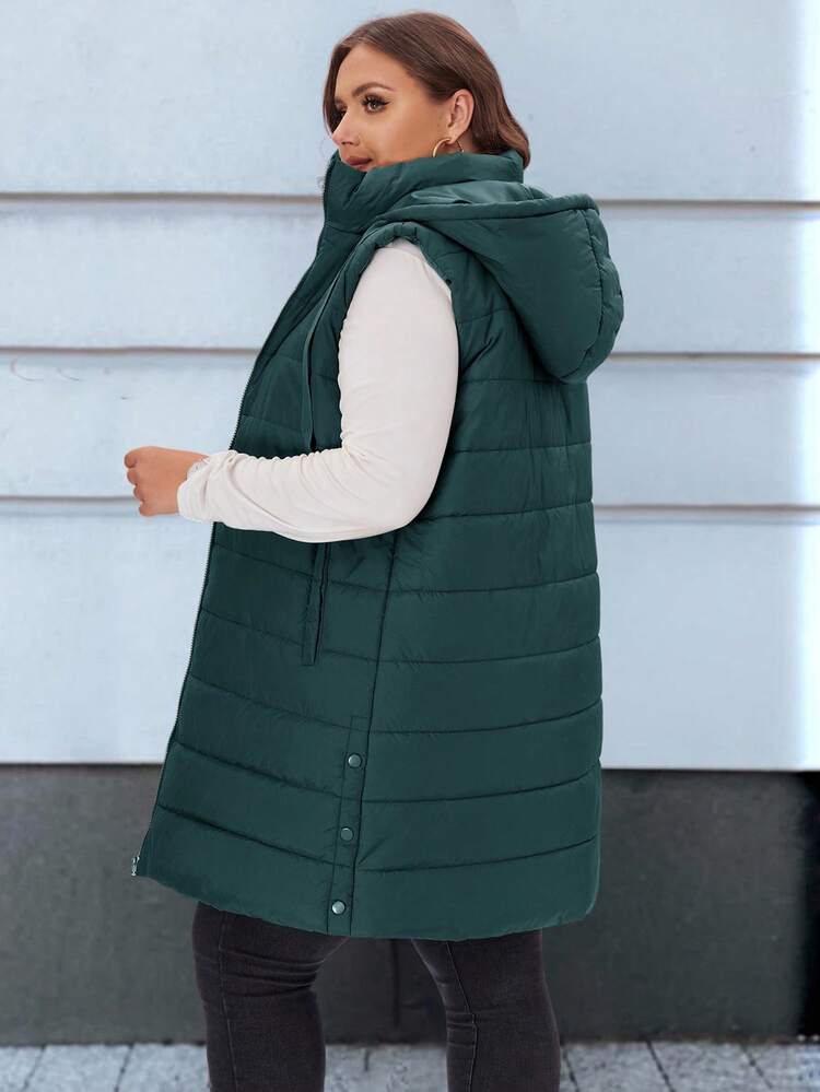 Plus Size Women's Winter Casual Dark Green Plain Hooded Padded Vest Jacket With Pockets/Winter, Plus Size Women Fall/Winter Casual Plain Hooded Padded Vest Jacket With Pockets, Autumn/Winter, Going Outs,2025 New ,Simple And Fashionable For Everyday Wear, Plus Size Winter , Christmas For Women ,New Year ,Thanksgiving For Women ,Quilted Jacket, Hooded Padded Coat, Outerwear Women, Winter For Women