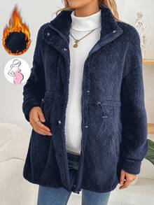 SHEIN 孕妇纯色落肩长袖抽绳腰休闲羊毛常规夹克，秋冬 - 藏蓝色 - 查看 4