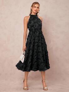 Amorya 女式优雅提花纹理挂脖收腰 A 字连衣裙，春夏 - 黑色 - 查看 8