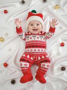 SHEIN 2pcs Baby Boy Red Thick Deer & Snowflake Pattern Loose Knit Jumpsuit With Jacquard Hat, Suitable For Christmas - Red - View 7