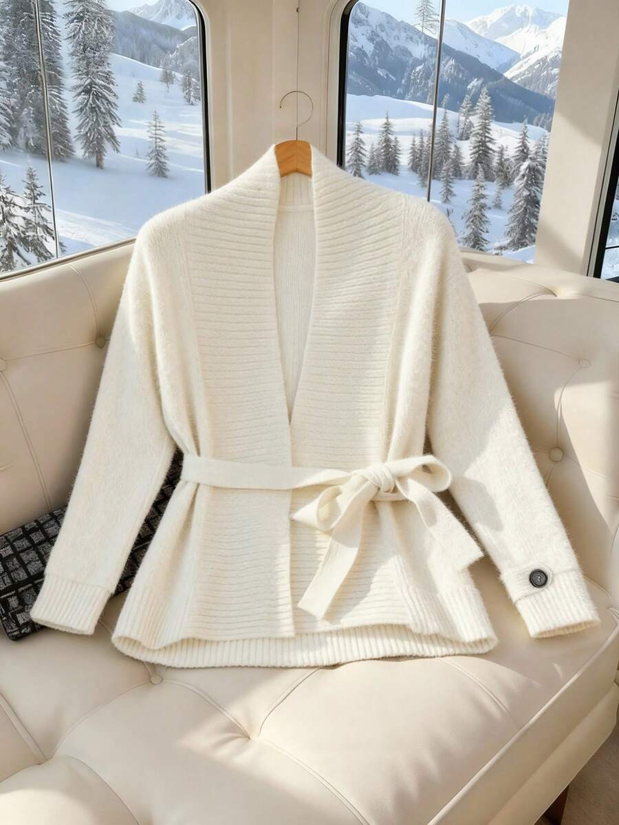 Franclia Plus Size Women Fashion Versatile Elegant Tie-Up Long Sleeve Button Knit Cardigan - Apricot - View 1