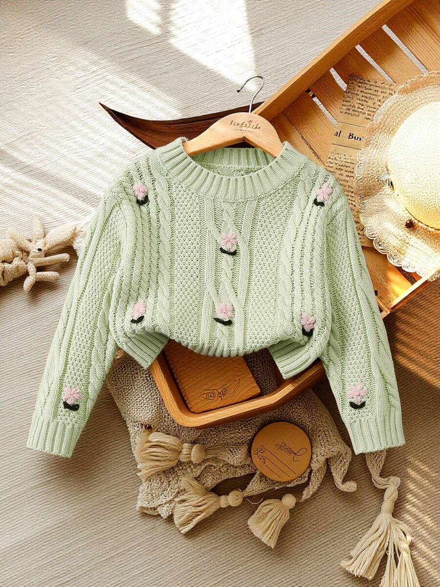 SHEIN Vintaside Kids 女童手工刺绣花卉针织落肩短款毛衣，适合秋冬季外套 - 綠色 - 查看 1