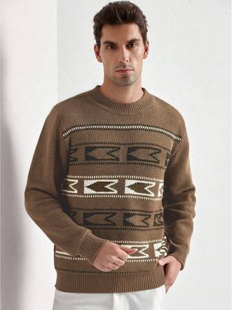 Manfinity CityGents Fashionable Blogger Design Colorblock Patterned Pullover Sweater For Men, Autumn/Winter It Is Great For Couples And Makes An Excellent Gift Idea For Boyfriends Or Husbands Khaki Geometric Sweater