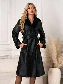 Ellevyn Women's Classic PU Leather Long Trench Coat With Faux Fur Collar, Autumn  Winter Clothes For Women   Fall Clothes For Women   Plush Autumn And Winter Cotton-Padded Jacket With Long Insulation - Black - View 14