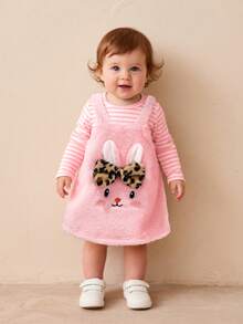 SHEIN Baby Girl Cute Pink Striped Plush Sleeveless Dress Outfit,Winter Long Sleeve T-Shirt Rabbit Embroidery Set,Back To School Matching Family Outfit - Pink - View 3