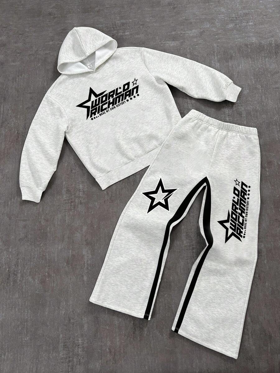SHEIN Bolty Tween Boy White Autumn Graphic Streetwear School Back-To-School Graffiti Star & Letter Pattern Y2K Loose Hoodie & Flare Pants 2 Pieces Woven Set - Multicolor - View 1