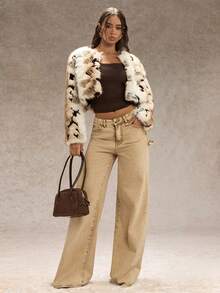 SHEIN Glamour 米色尖领短款狐狸夹克 - 棕色 - 查看 6