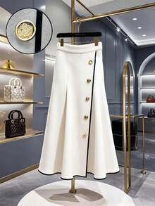 Franclia White Black,Summer,Elegant,Formal Women's High-End Design White A-Line Skirt With Black Trim,Unique Stylish Asymmetrical Skirt,Plus Size Winter Skirt - Black and White - View 1
