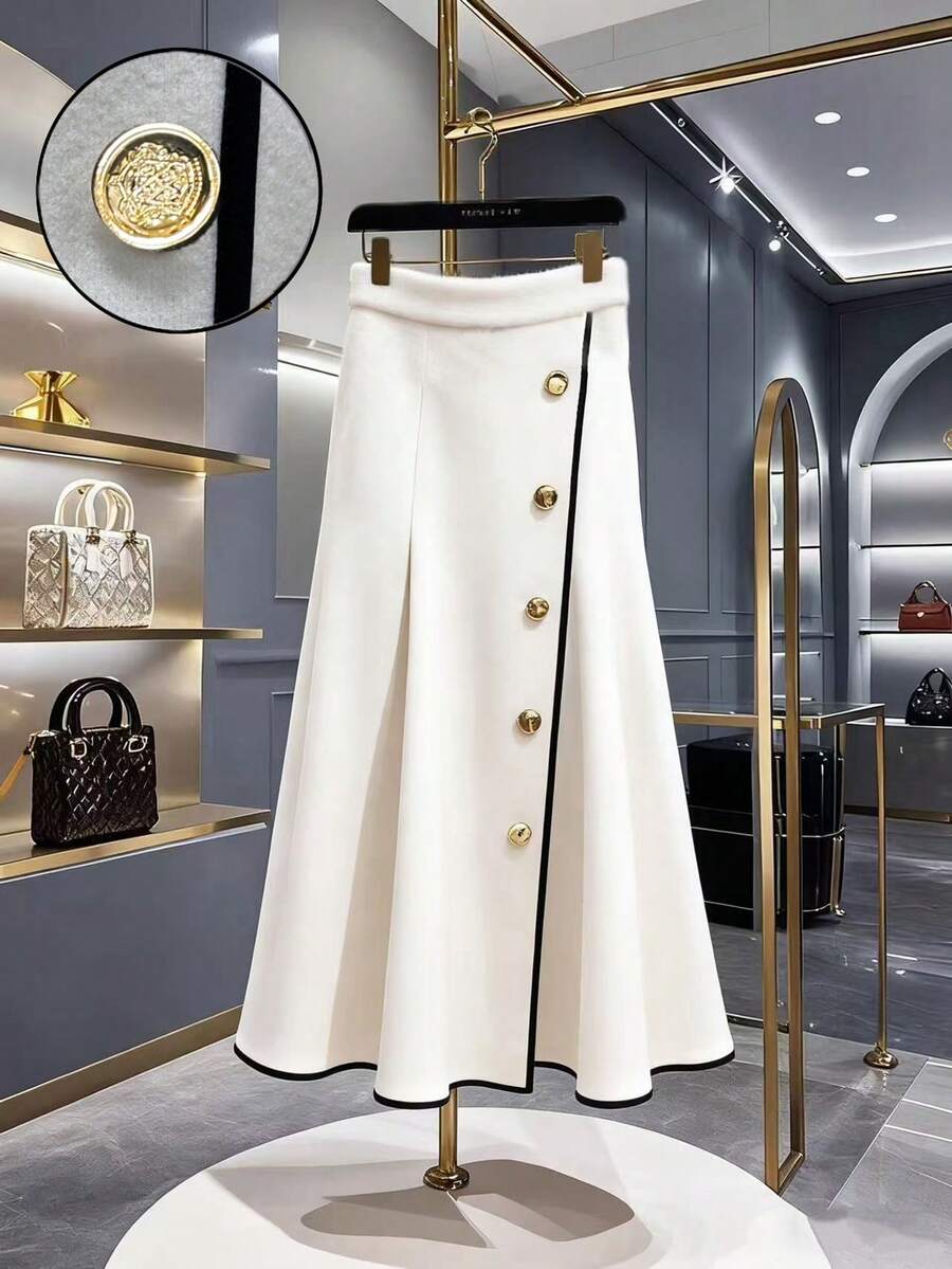 Franclia White Black,Summer,Elegant,Formal Women's High-End Design White A-Line Skirt With Black Trim,Unique Stylish Asymmetrical Skirt,Plus Size Winter Skirt - Black and White - View 1