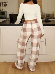 Lowkey Lull 低调慵懒格子法兰绒舒适休闲柔软时尚秋季轻松舒适秋季睡衣 INS 休闲 Y2K 长袖上衣和裤子女士睡衣套装法兰绒裤子格子裤家居服女士，蓬松舒适的冬季服装 - 彩色 - 查看 3