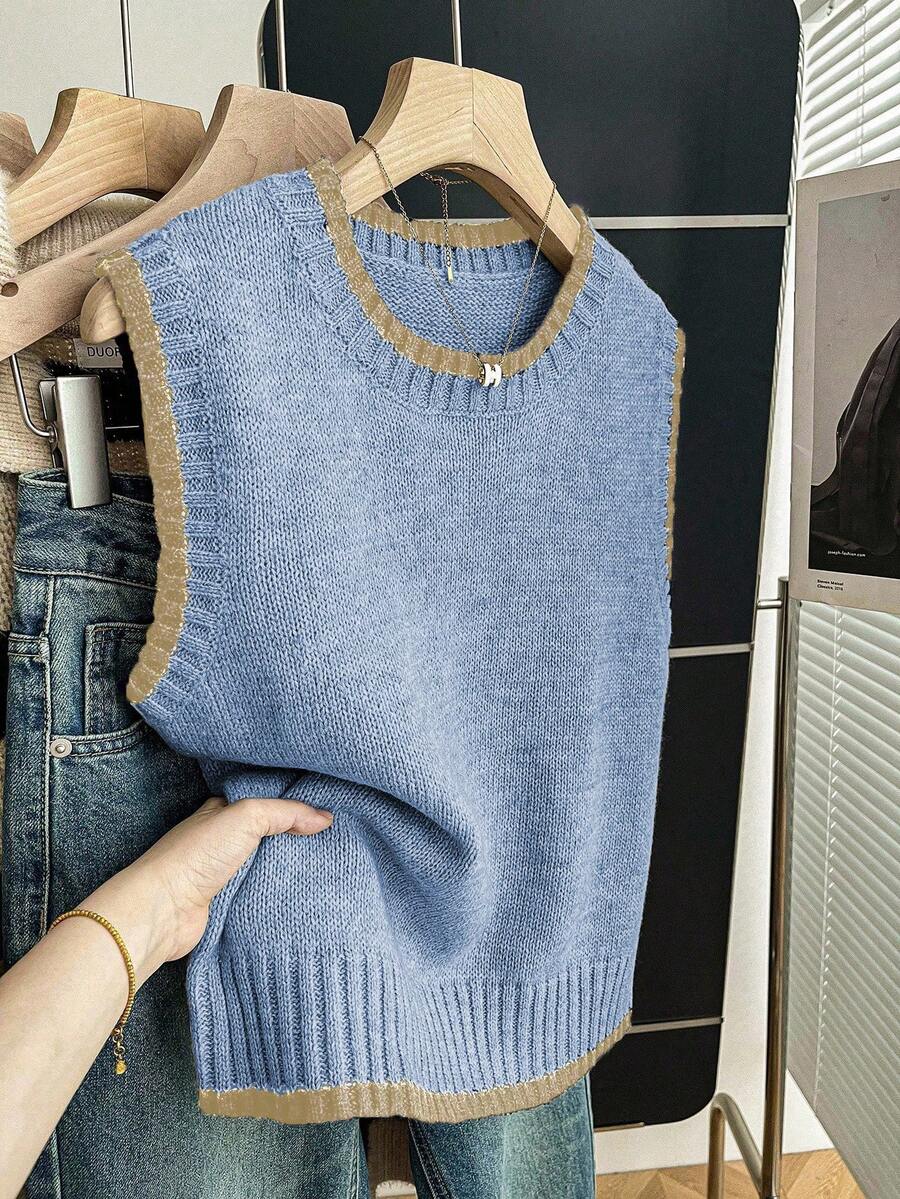 Franclia Casual Loose Crew Neck Sleeveless Knit Contrast Trim Khaki Sweater Top For Women, Spring/Autumn - Blue and White - View 1