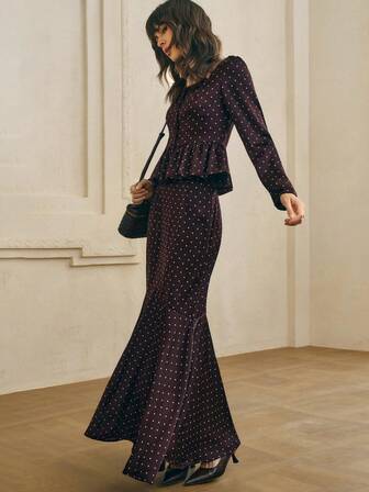 Cévolie Women's Elegant Polka Dot Print Square Neck Top & Long Skirt 2 Pieces Set