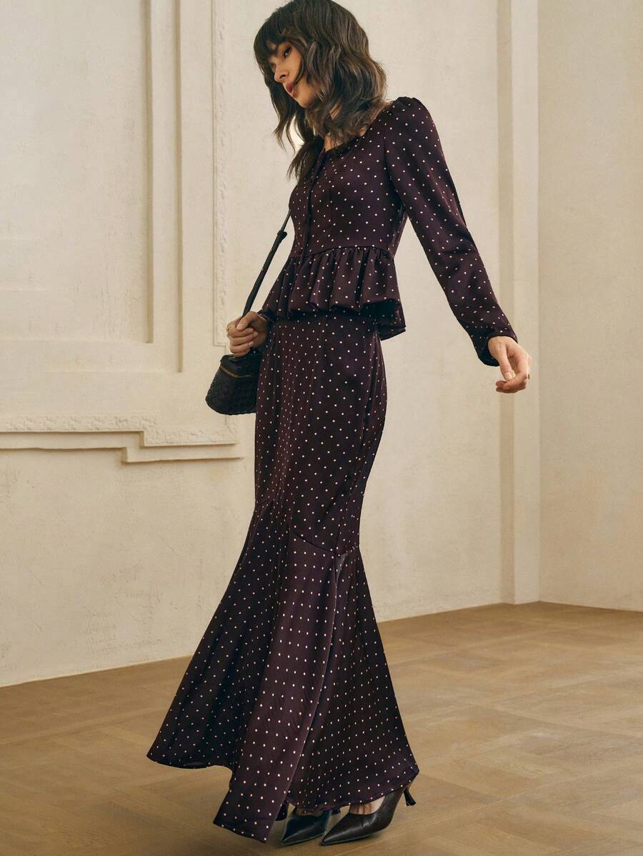 Cévolie 女士优雅波尔卡圆点印花方领上衣和长裙两件套 - 棕色 - 查看 1