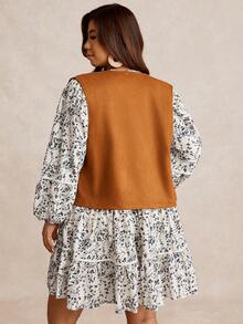 Nubod 大码女式无袖秋冬夹克，西部牛仔风格绒面革羊毛休闲外套，百搭大码背心 - 棕色 - 查看 2