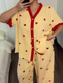 Dream Adore 条纹心形印花拼色大码睡衣套装 - 彩色 - 查看 4