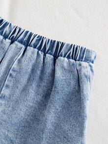 2pcs/Set Young Girl Casual Denim Jacket With Bow And Skort Set, Spring/Autumn - Light Wash - View 5